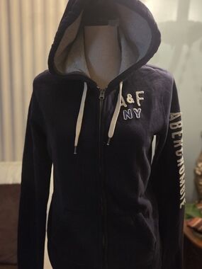 NWT Abercrombie & Fitch Navy Blue Spellout Full Zip Hoodie Size L
